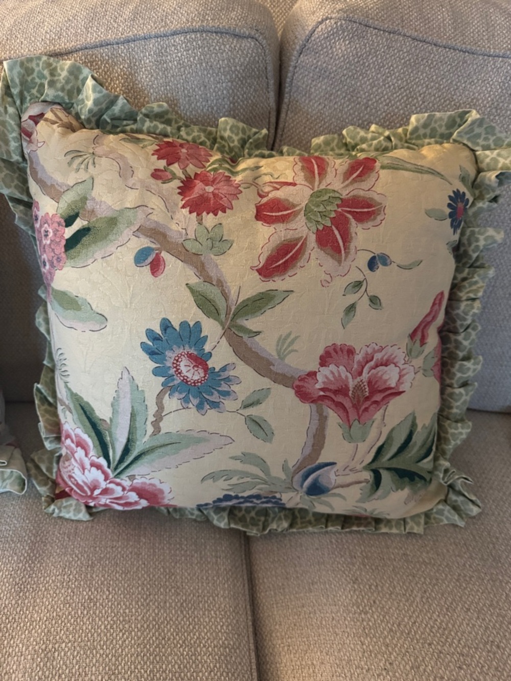 Floral Ruffled Throw Pillows- Pale Yellow with Pink & Green (Pair) - Picture 3 of 10